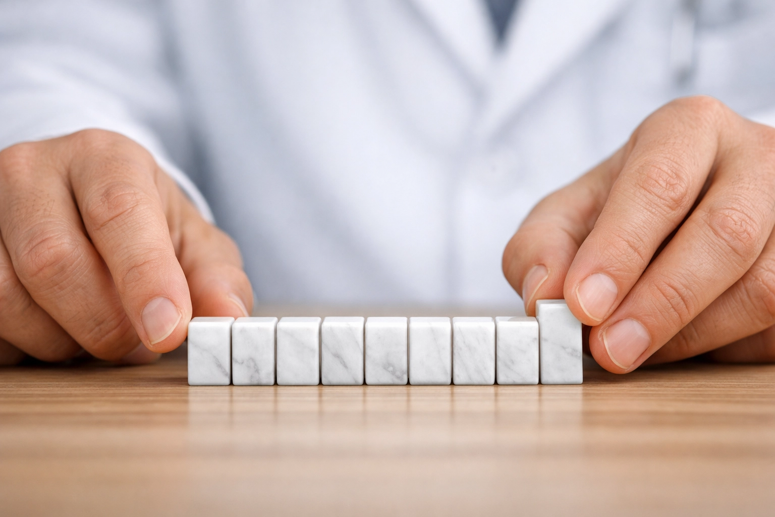Chiropractor's hands aligning blocks to represent an accurate foundation for local SEO.