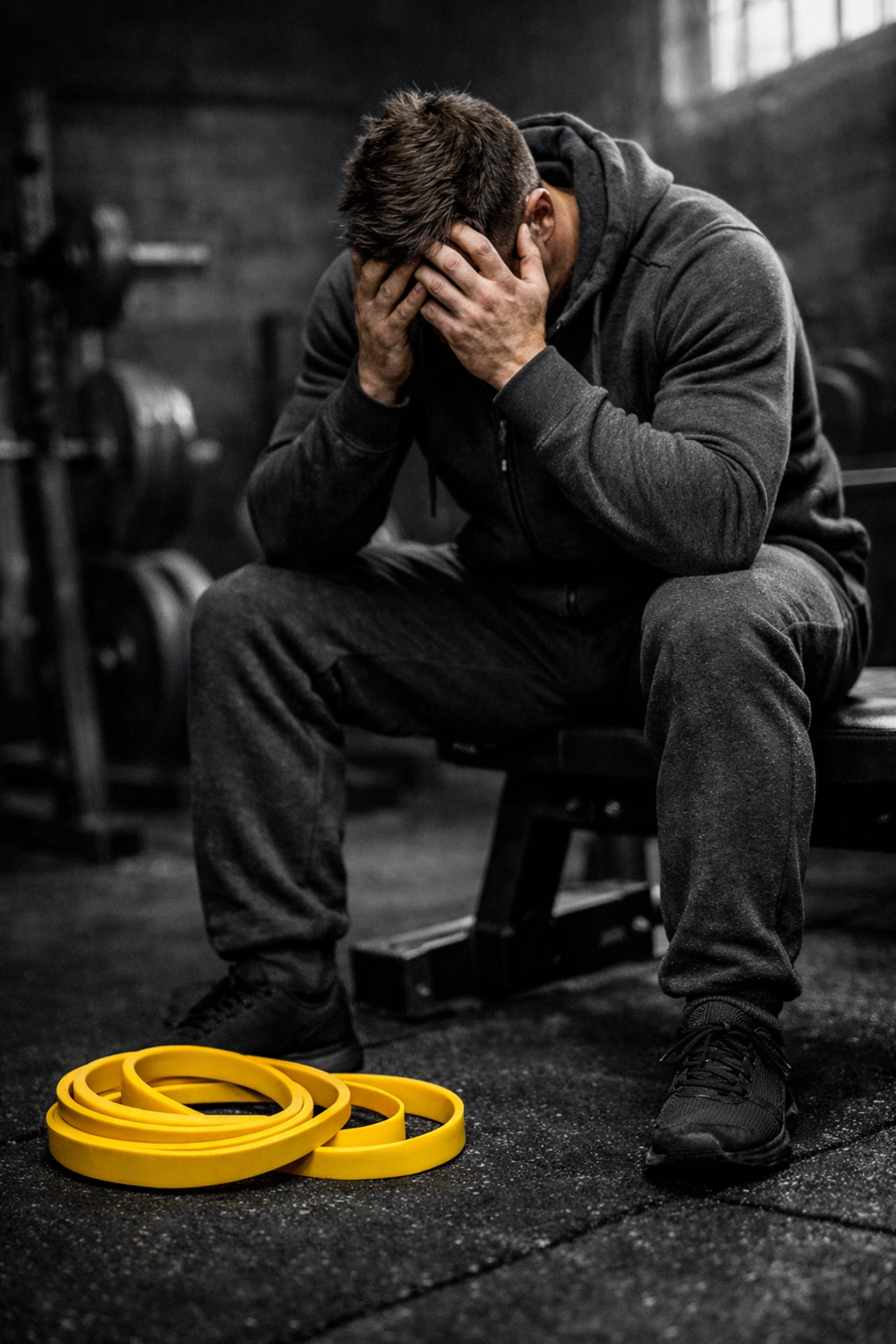 Exhausted personal trainer sitting on a gym bench, illustrating PT burnout and the hustle ceiling.