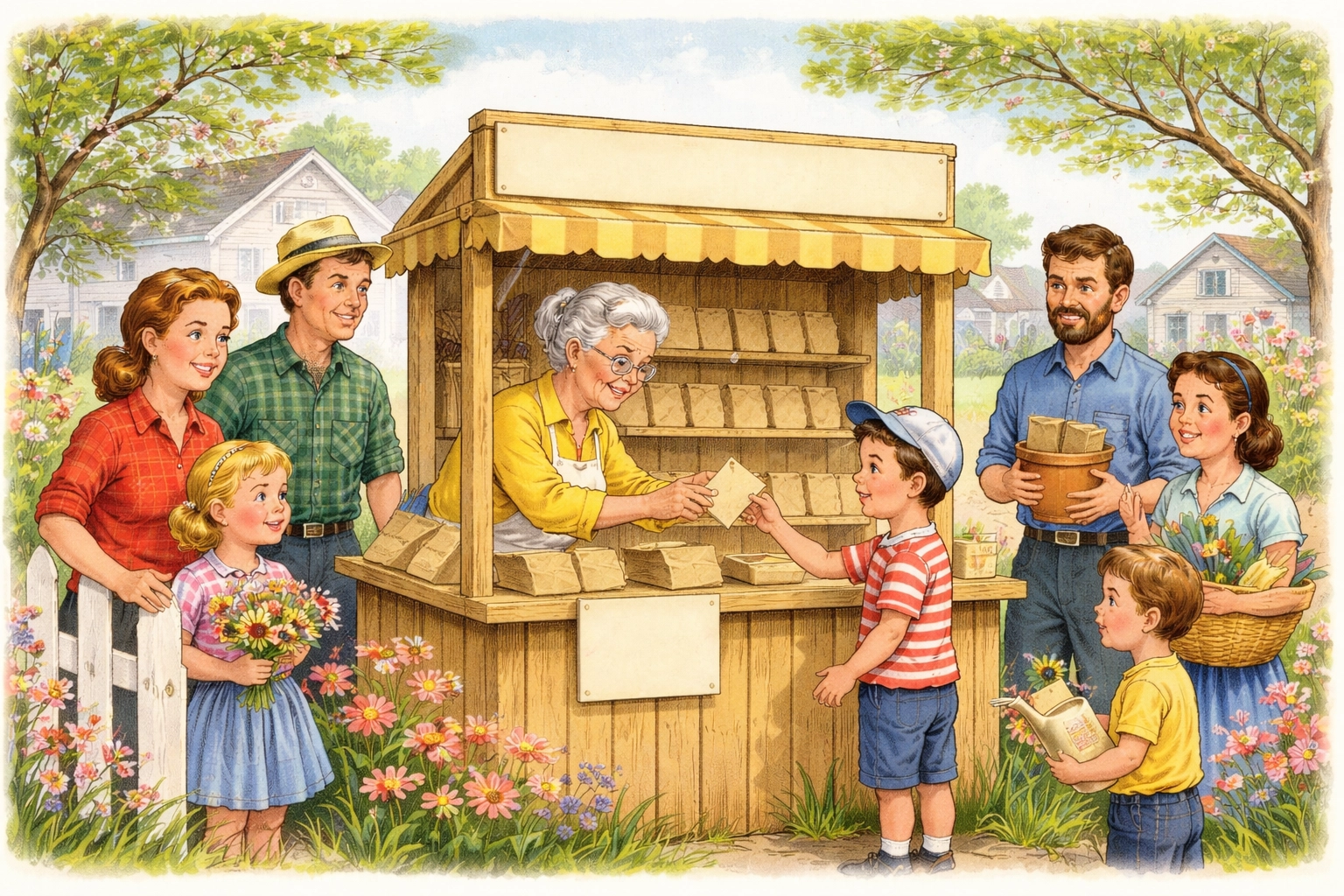 Friendly neighborhood gathering with families exchanging seed packets at a wooden seed library stand