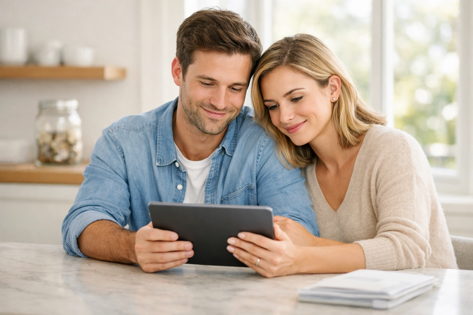 Couple in Cleveland Ohio reviewing homeowners insurance policy savings and deductibles on a tablet.