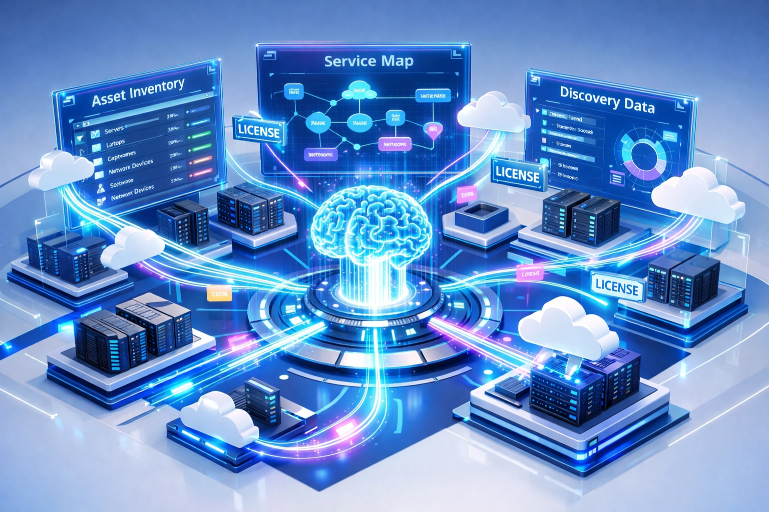 Integrated ITOM and ITAM ecosystem with service mapping and asset management connections