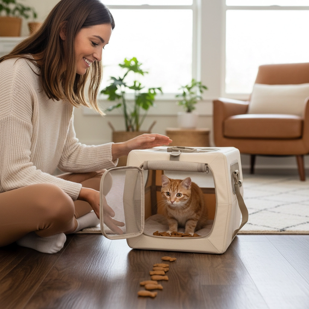 Picture of a woman trying to lure her cat out of its crate with a trail of treats. Moving Abroad with Pets