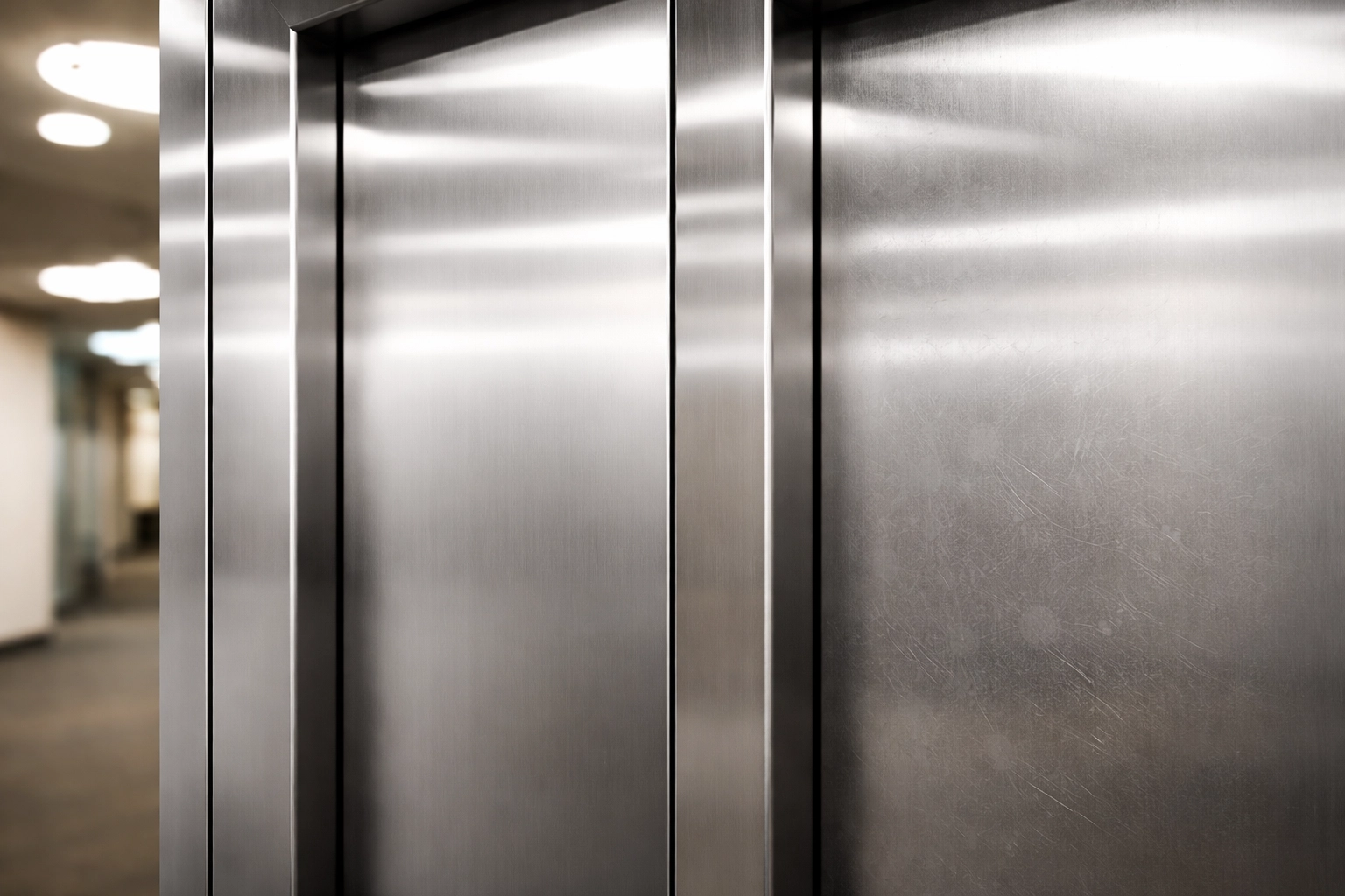 Stainless steel elevator doors showing contrast between well-maintained and worn metal finishes