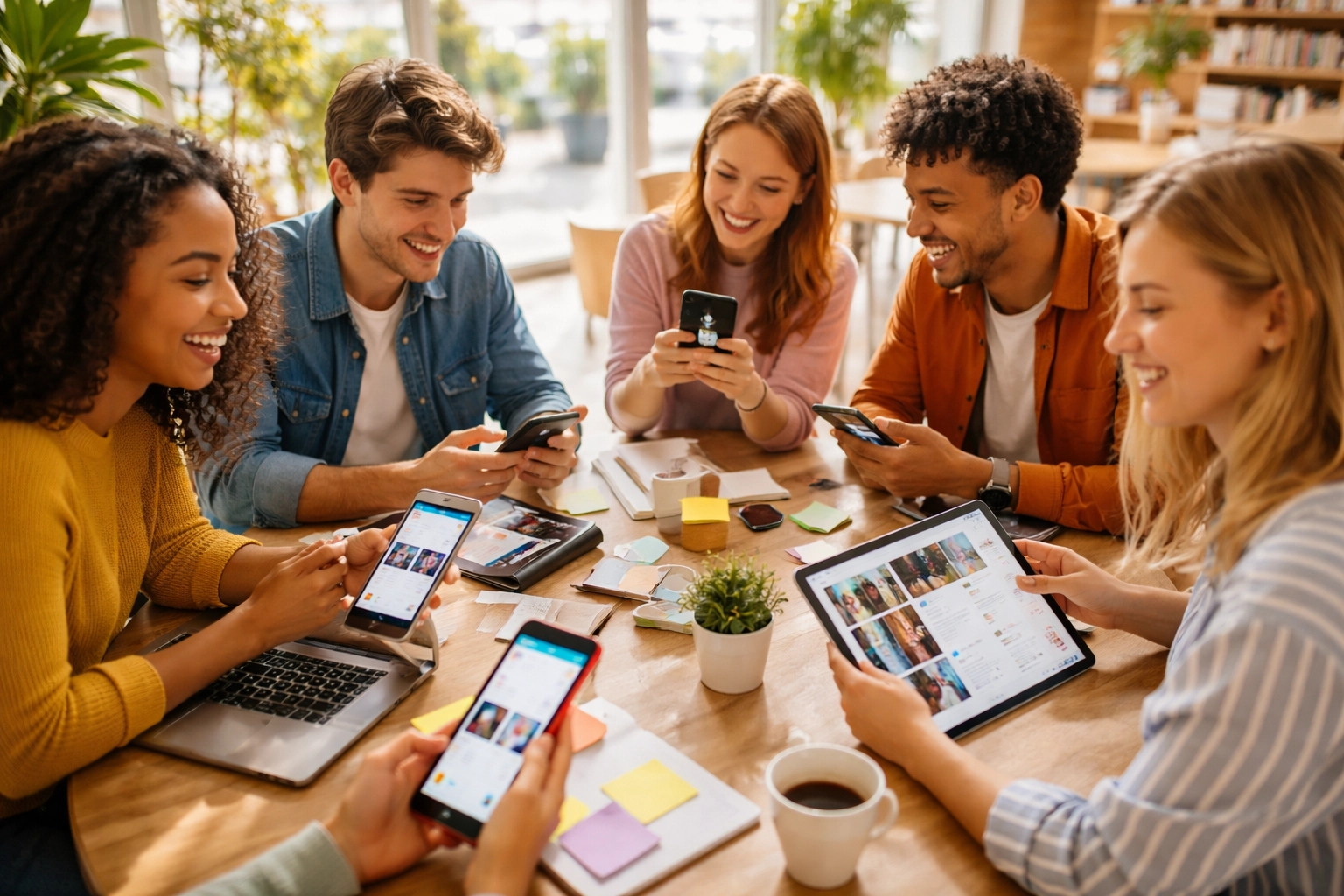 Young professionals using social media apps in a coworking space, illustrating digital marketing diversification.