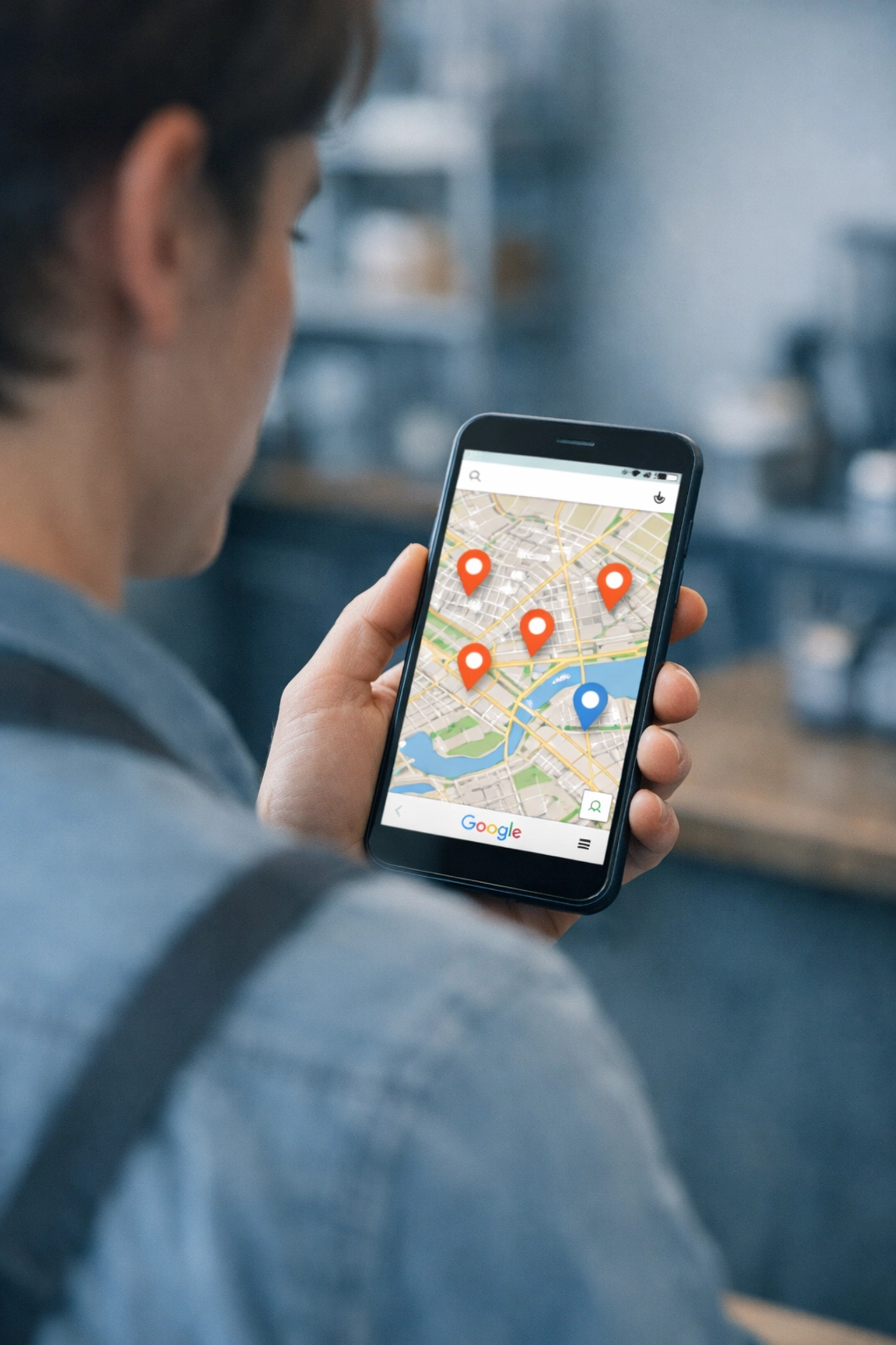 Small business owner checking Google Maps location on smartphone