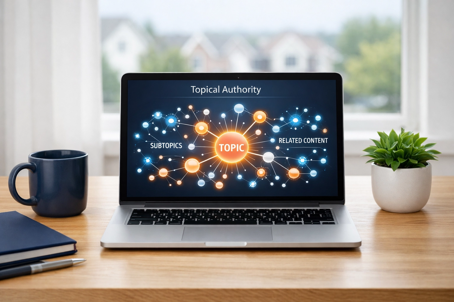 Laptop showing a digital network of topical authority for a real estate agent's local SEO strategy.