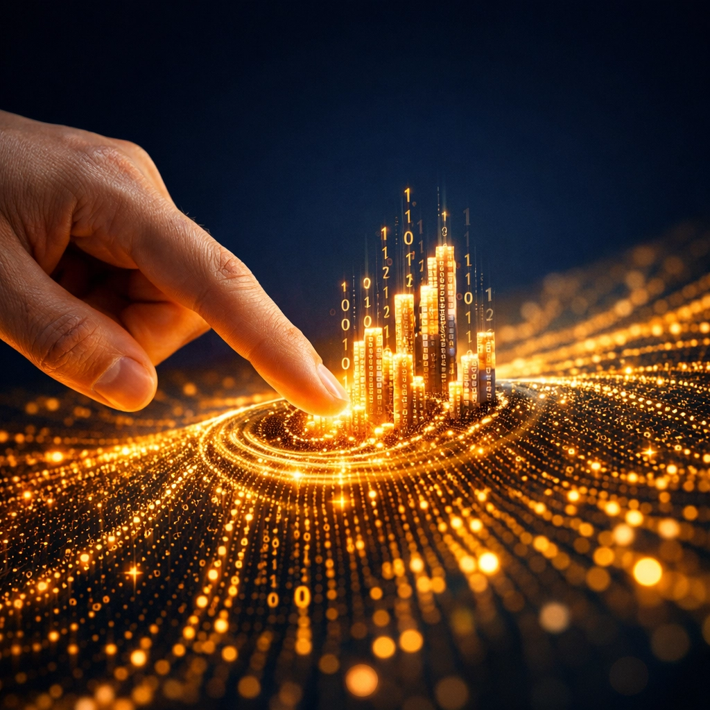 A human hand interacting with digital data streams to represent strategic AI integration and marketing automation.