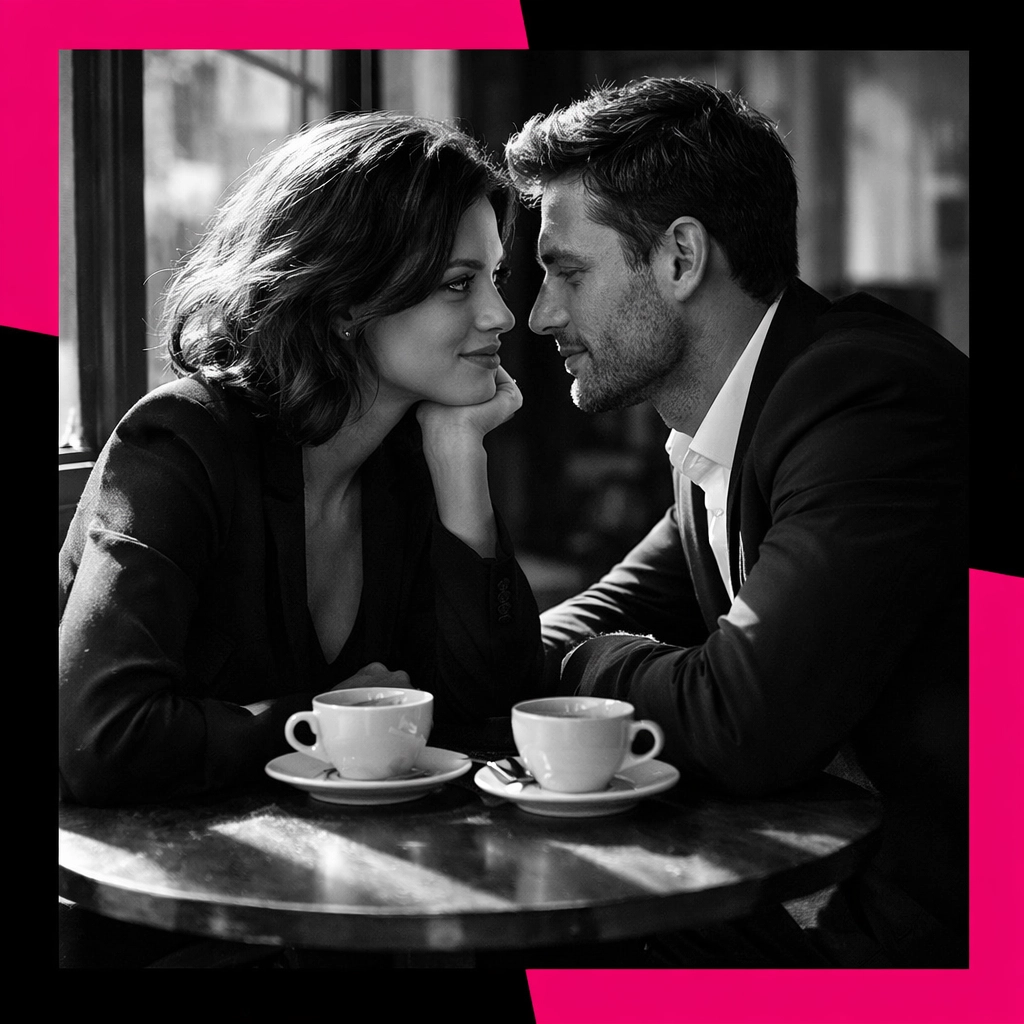 Couple having intimate conversation over coffee on date showing intentional connection