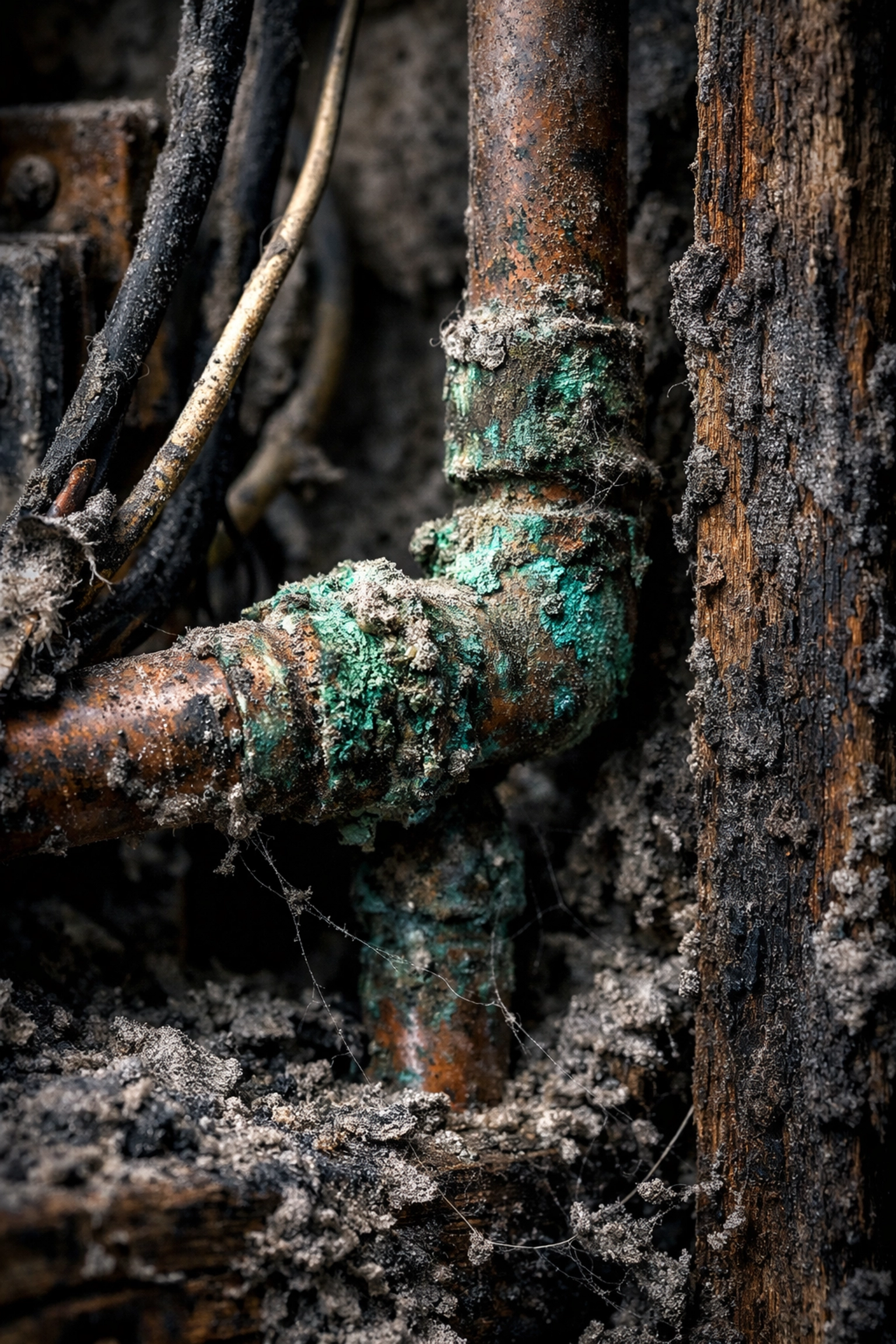 Corroded electrical wiring and pipes from smoke damage inside wall cavity