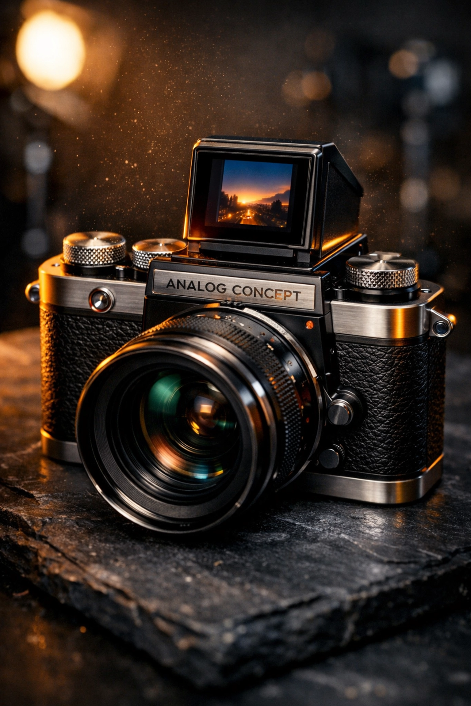 Modern mirrorless camera with retro analog dials and waist-level viewfinder inspired by photography news trends.