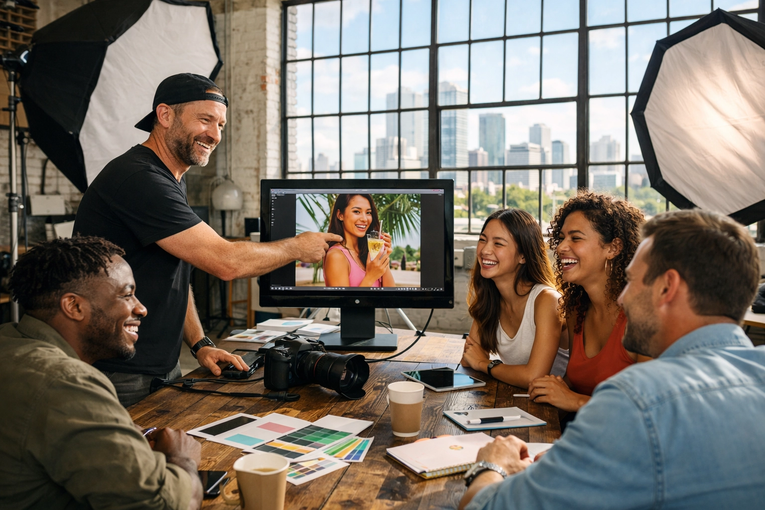 Commercial photographer miami reviewing a branding session with a client in a loft studio.