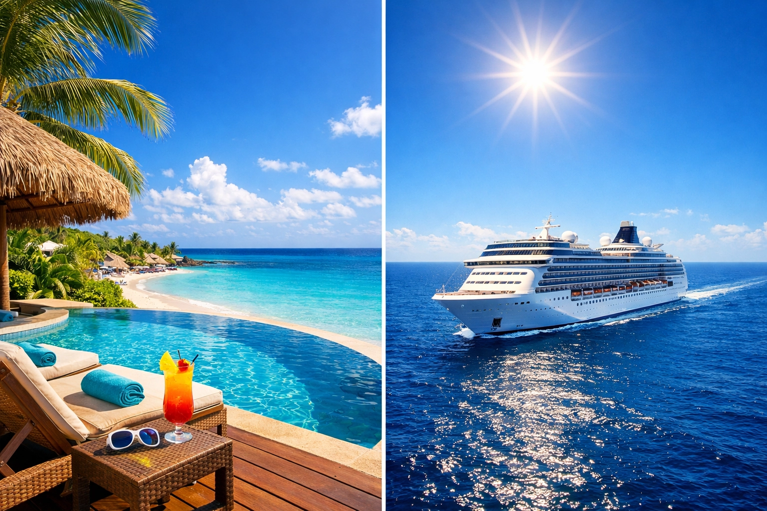 Luxury Caribbean resort infinity pool overlooking the ocean with a cruise ship on the horizon.