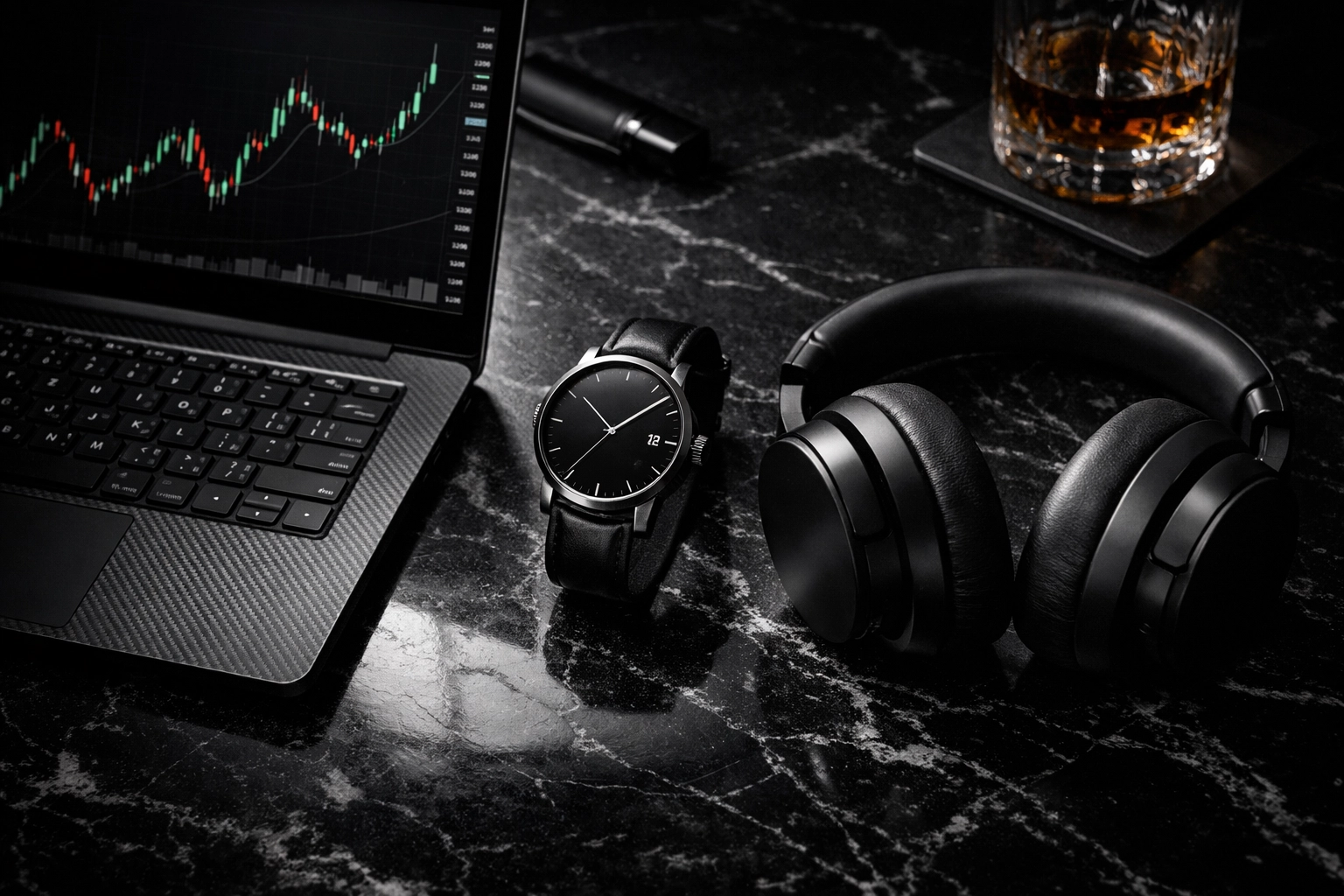 Sleek professional trading laptop and luxury accessories representing a successful funded trader lifestyle.