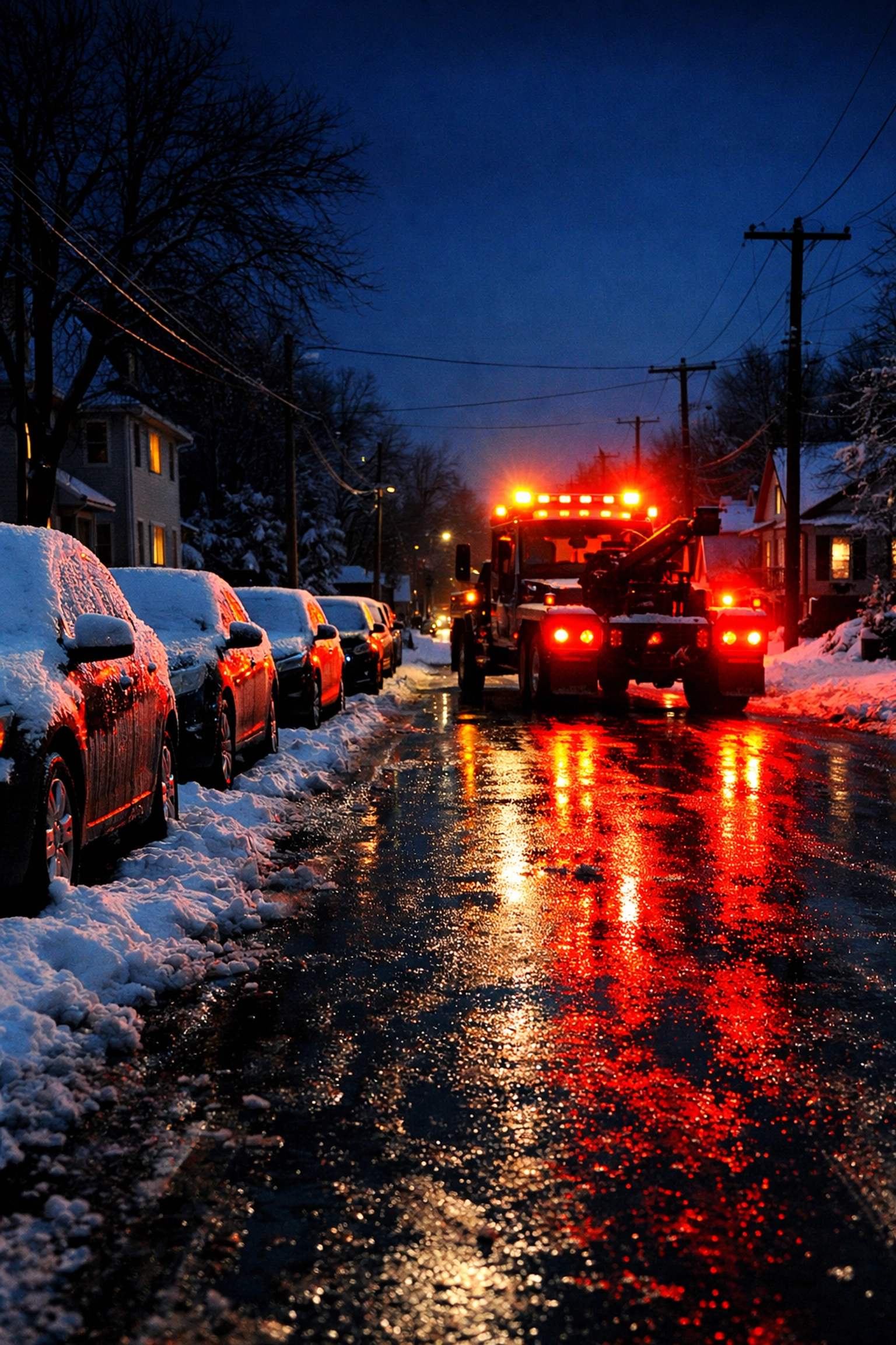 Tow truck on a snowy Winnipeg residential street during a parking ban for snow clearing.