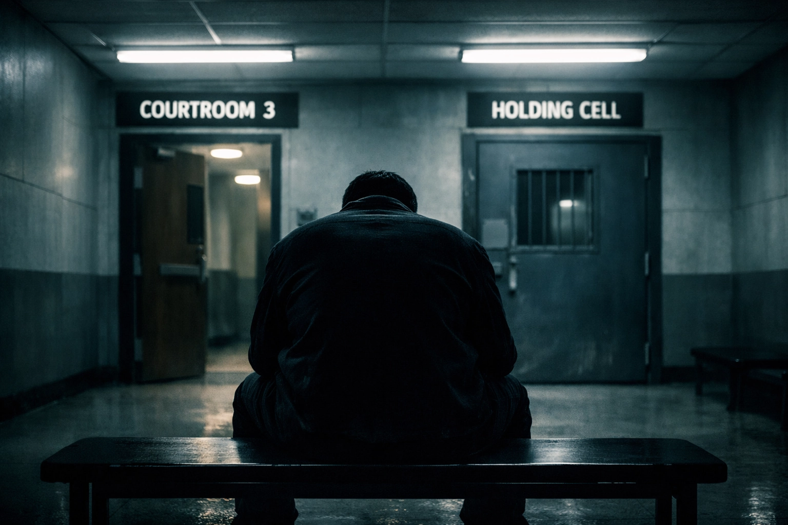 Person facing probation violation waiting in courthouse hallway between courtrooms