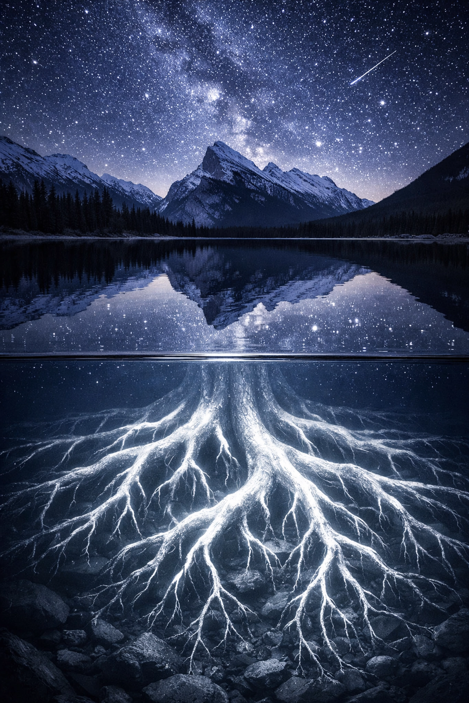 Glowing tree roots beneath a calm lake symbolizing deep grounding for optimal nervous system health.