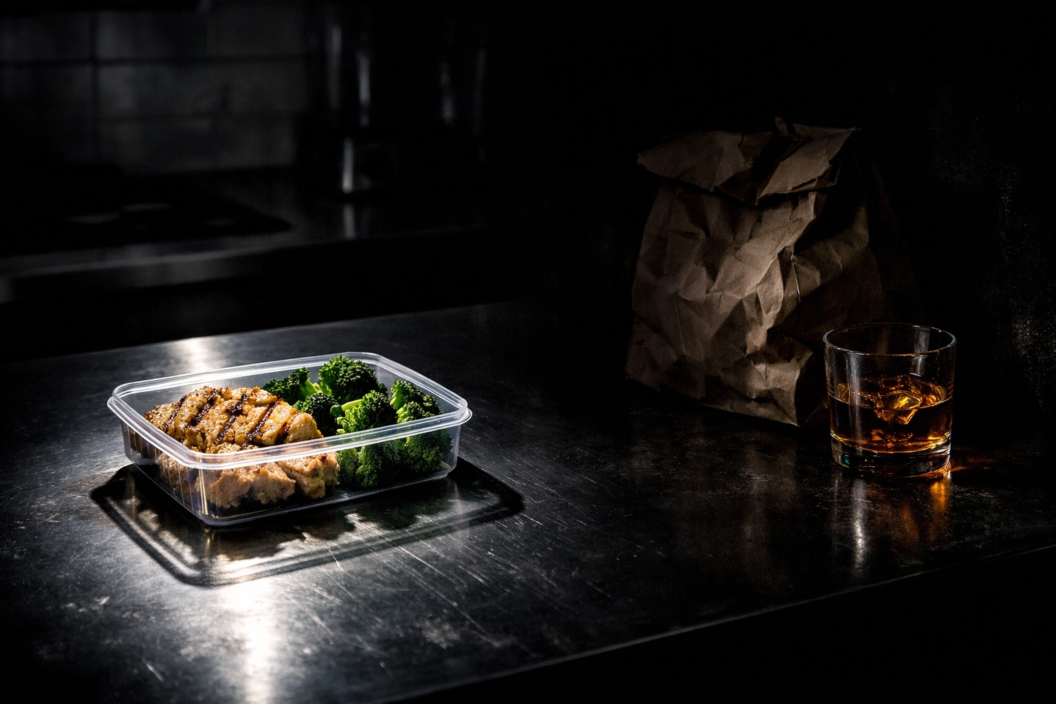 Nutrition coaching meal prep container vs junk food in shadows, symbolizing fat loss discipline.