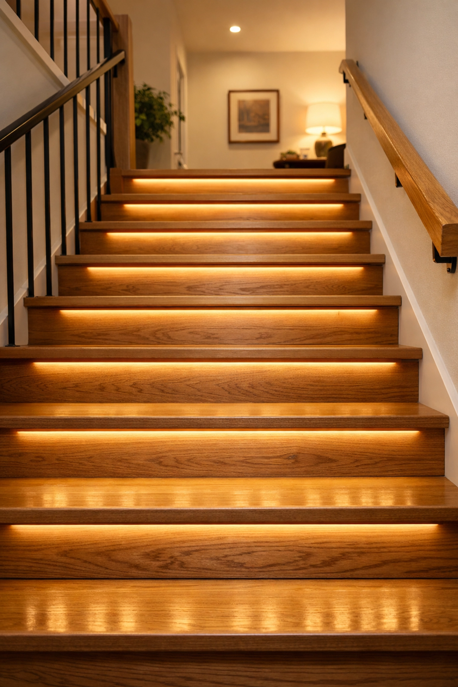 Indoor wooden staircase with LED strip lighting under each step to improve visibility and prevent falls.
