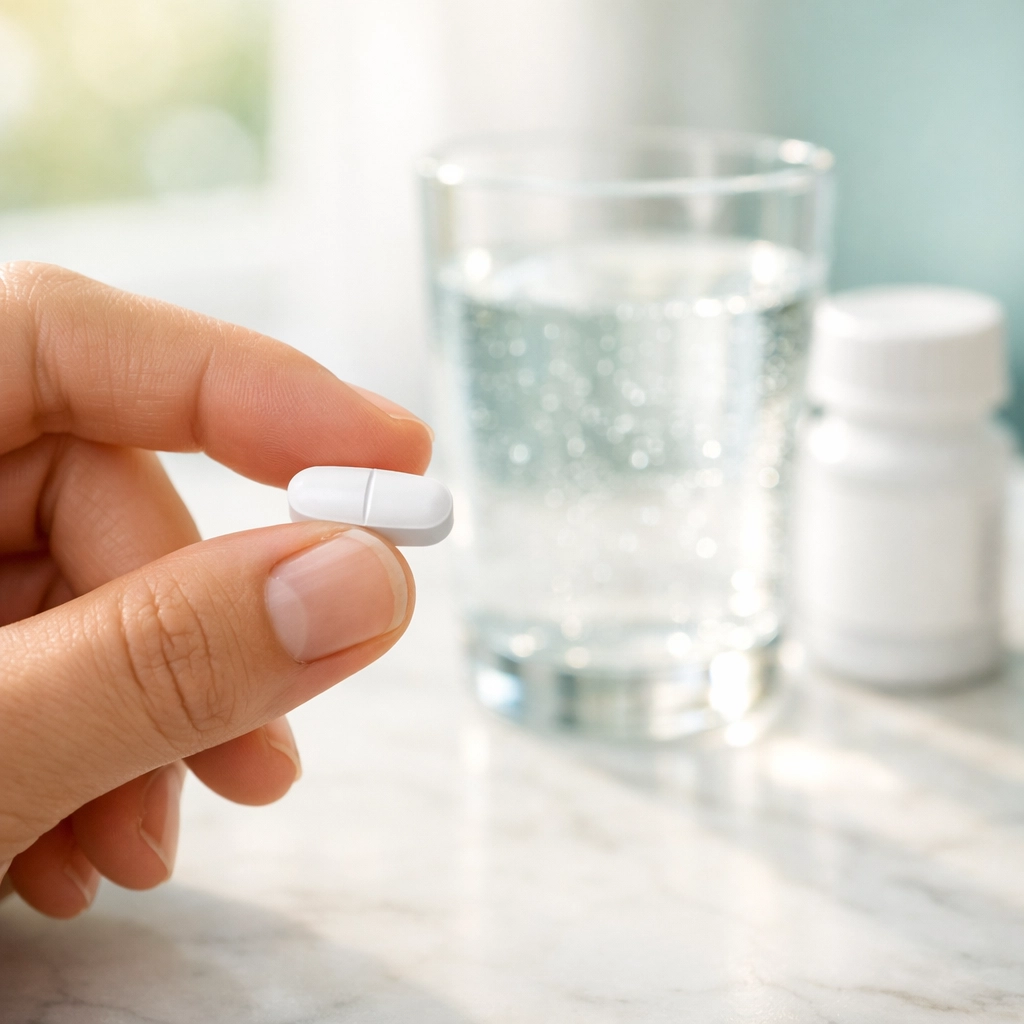 Hand holding an oral weight loss pill, a needle-free Wegovy substitute for medical weight management.