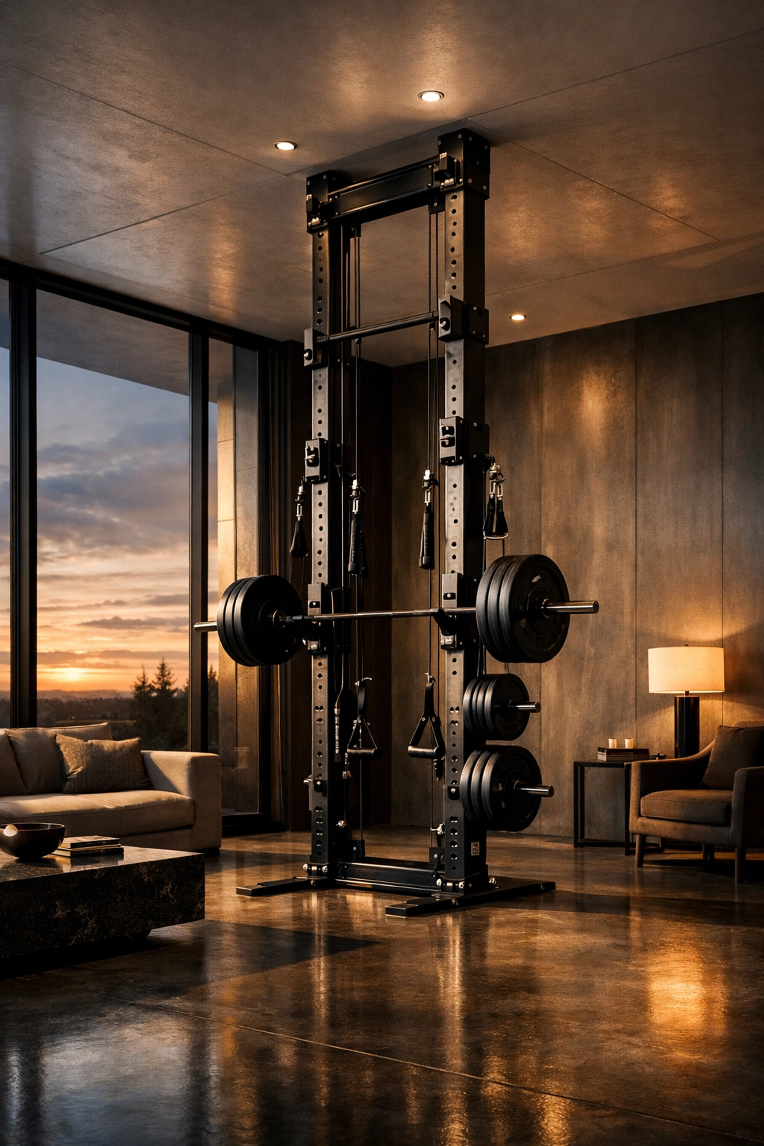 Sleek floor to ceiling gym tension rail used as a no wall damage workout system in a modern home.