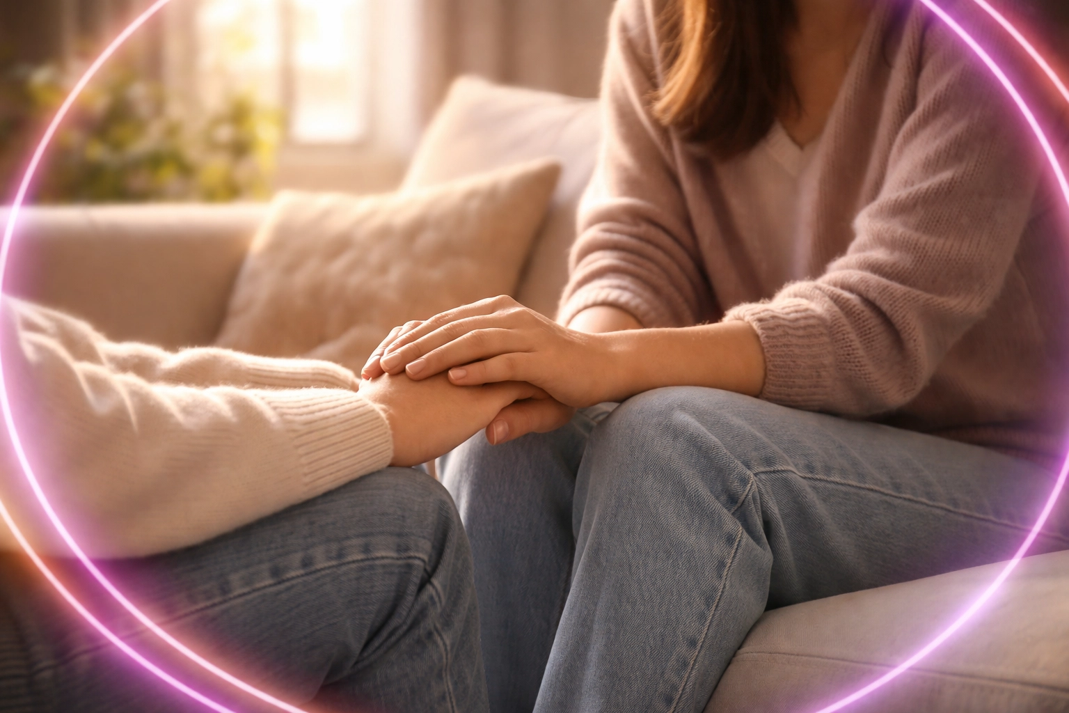 Two people sitting close together on a couch, offering comfort and support during an honest crossdressing conversation