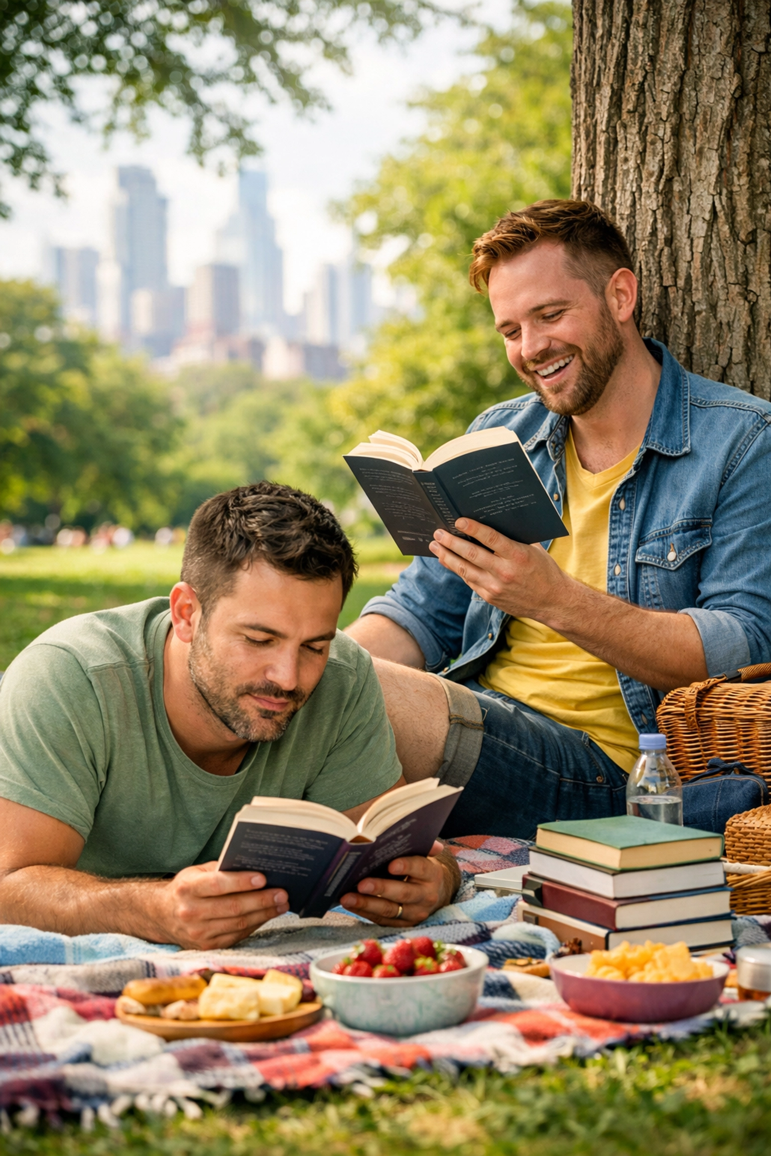 A gay couple enjoying a reading date in a park, celebrating queer joy and shared interests in gay literature.