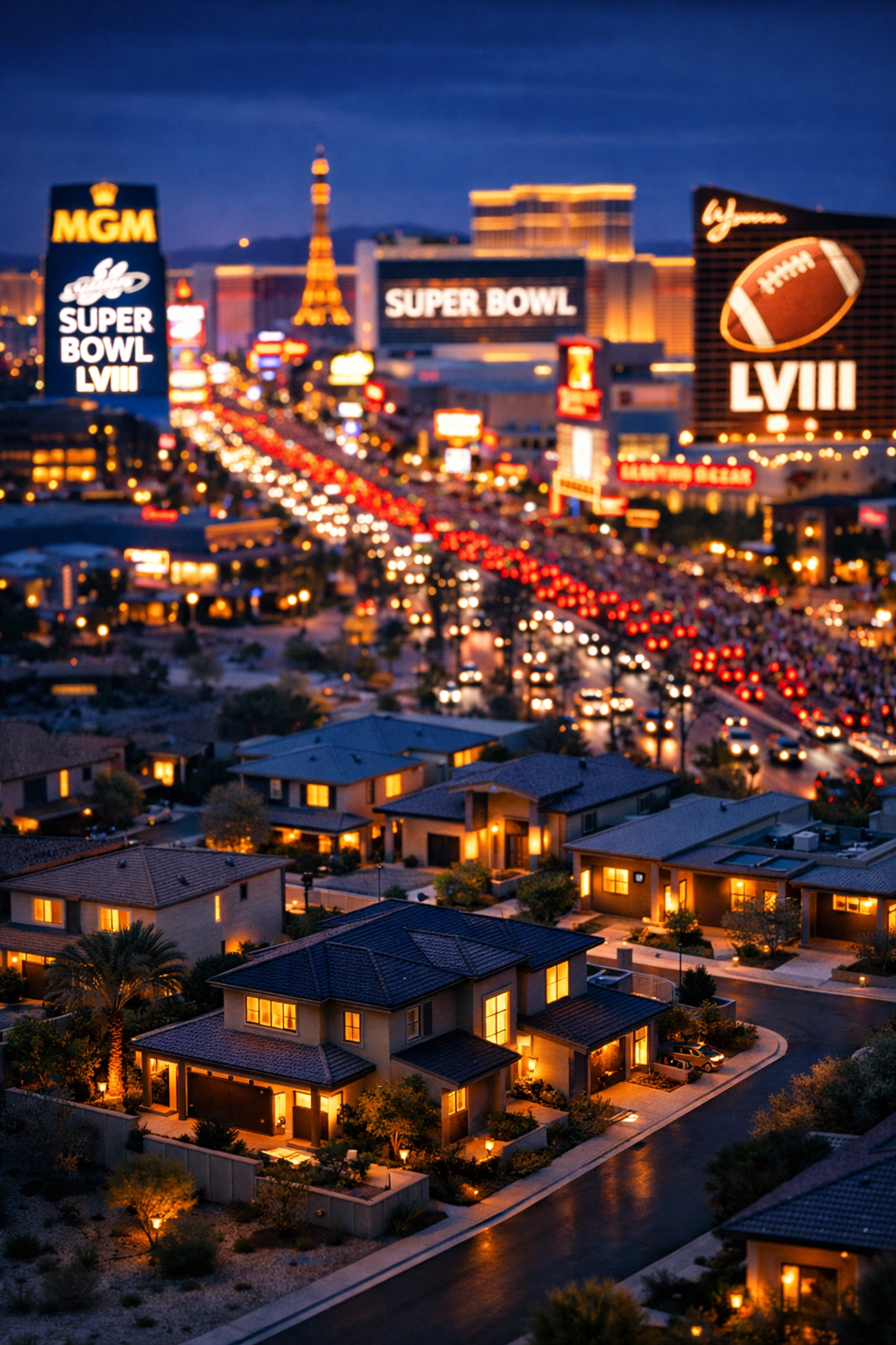 Las Vegas Strip crowded during Super Bowl week contrasted with quiet residential neighborhoods