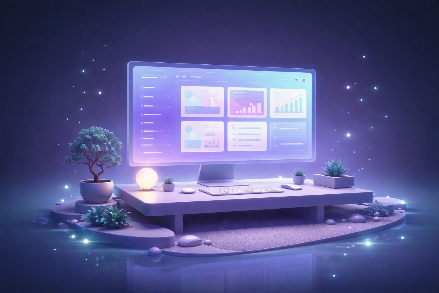 Minimalist, organized workspace glows, representing stress-free, affordable web design and easy website management.