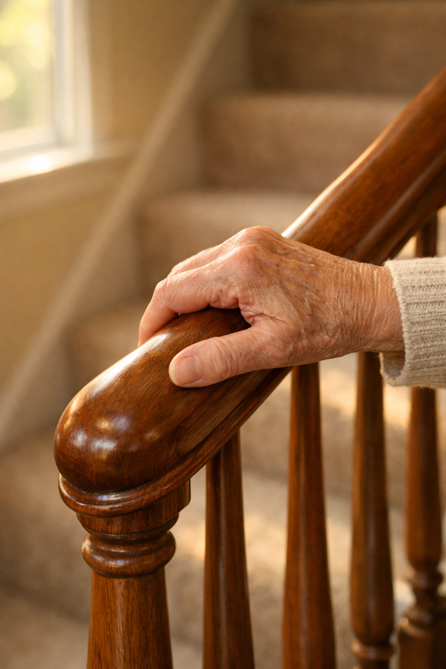 Senior woman's hand gripping wooden handrail for stair safety and fall prevention