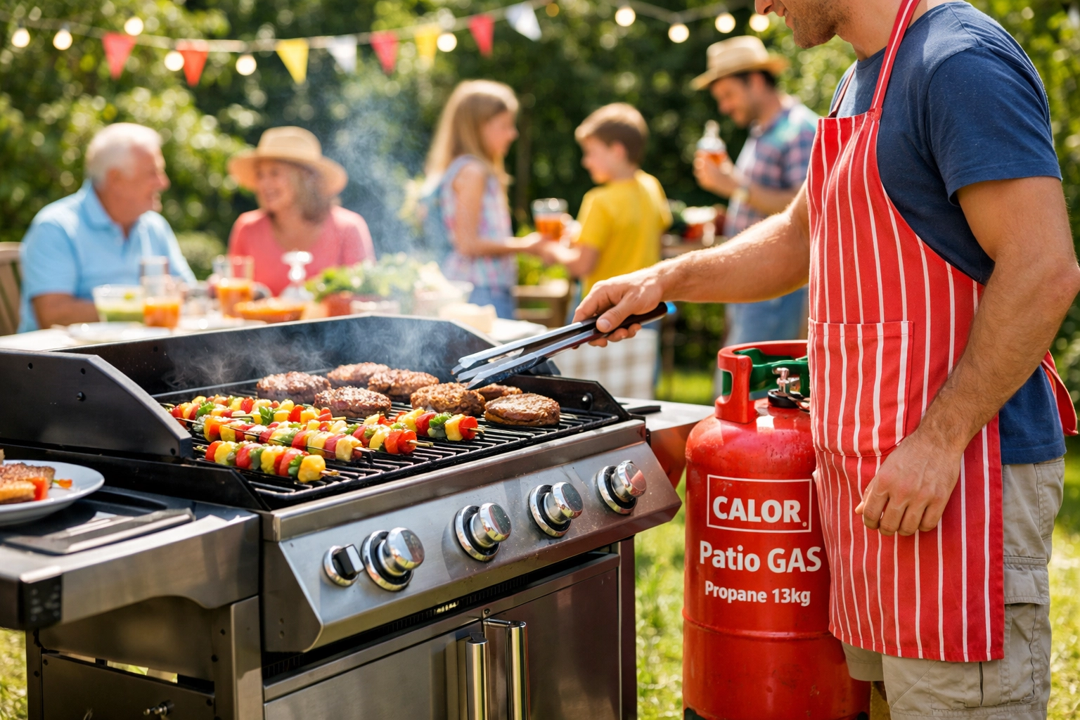 Large 13kg patio gas bottle connected to a family BBQ grill during a sunny summer party.