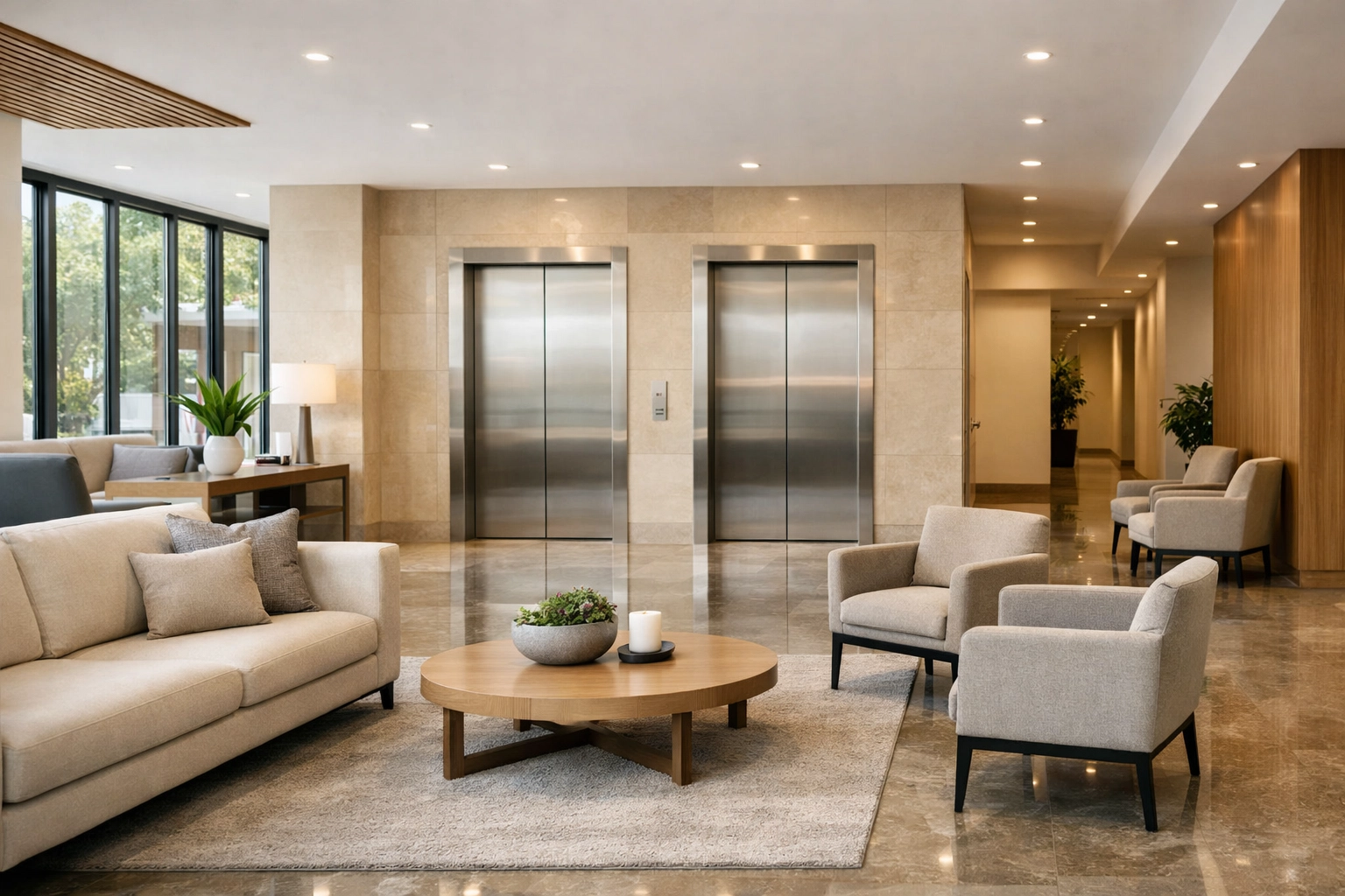 Polished lobby floors and clean elevator doors in a well-maintained Detroit multi-unit property.