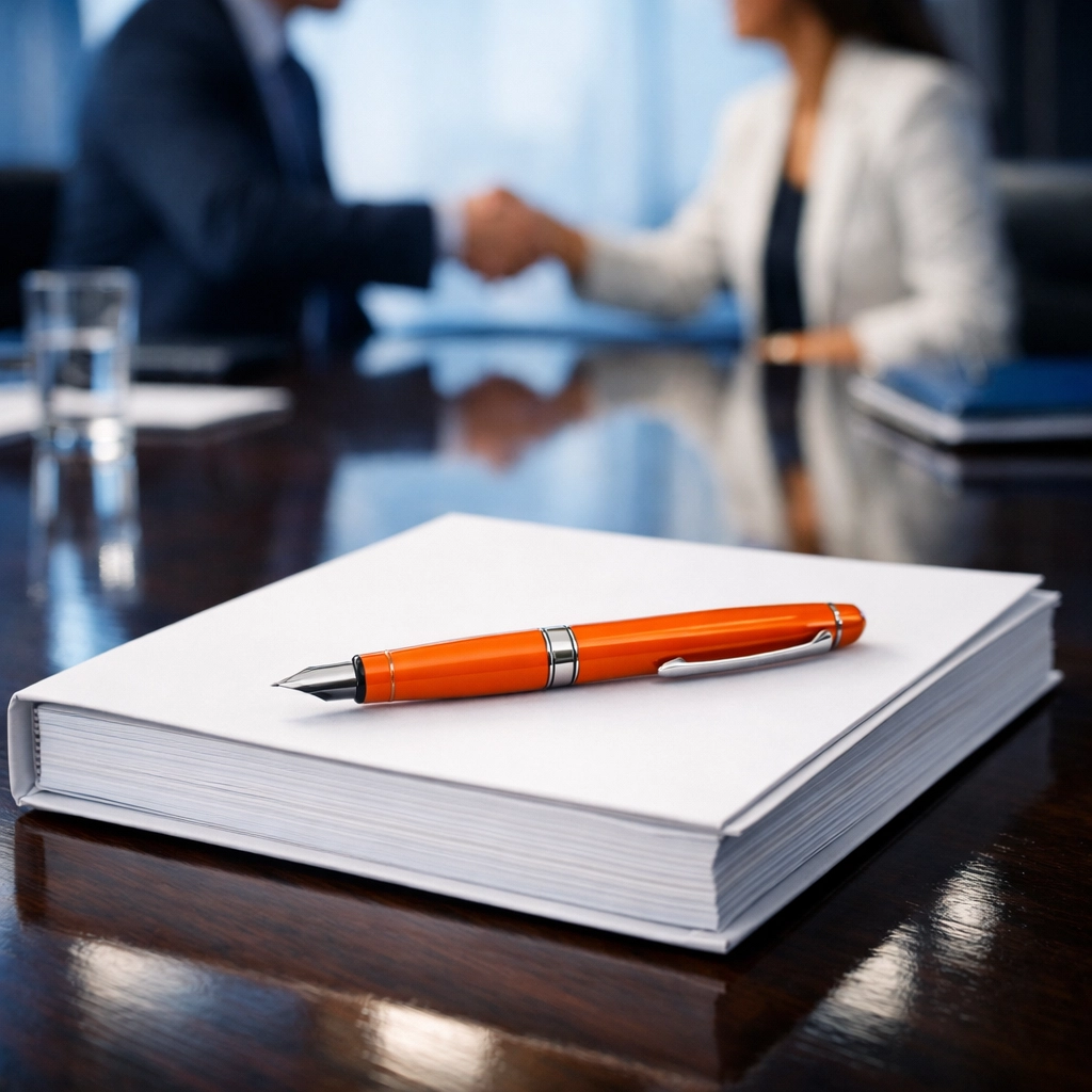 A business valuation report and pen on a table as partners shake hands on a successful company sale.