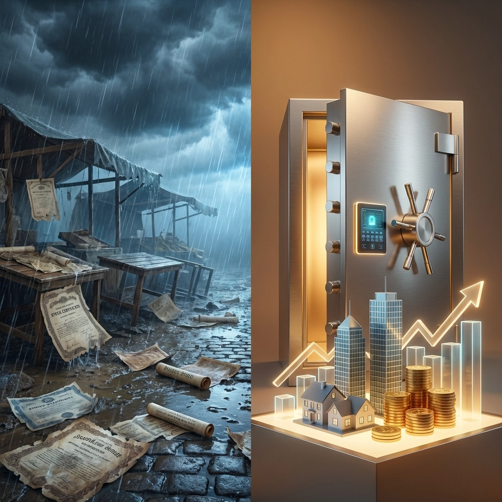 Visual comparison of vulnerable traditional portfolio versus resilient diversified portfolio with asset protection