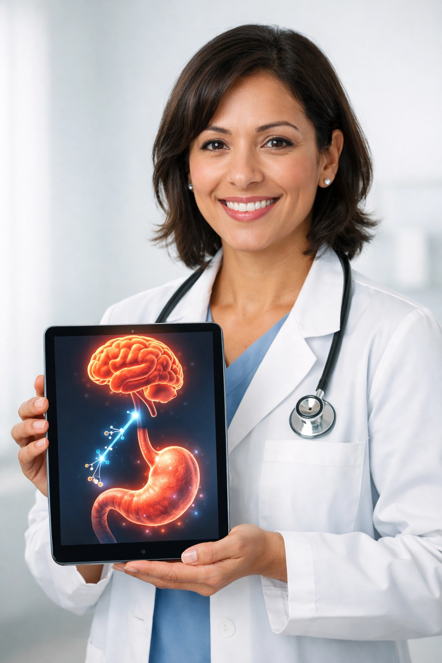 Female healthcare provider showing GLP-1 medical weight loss pathway on a tablet in a clinic
