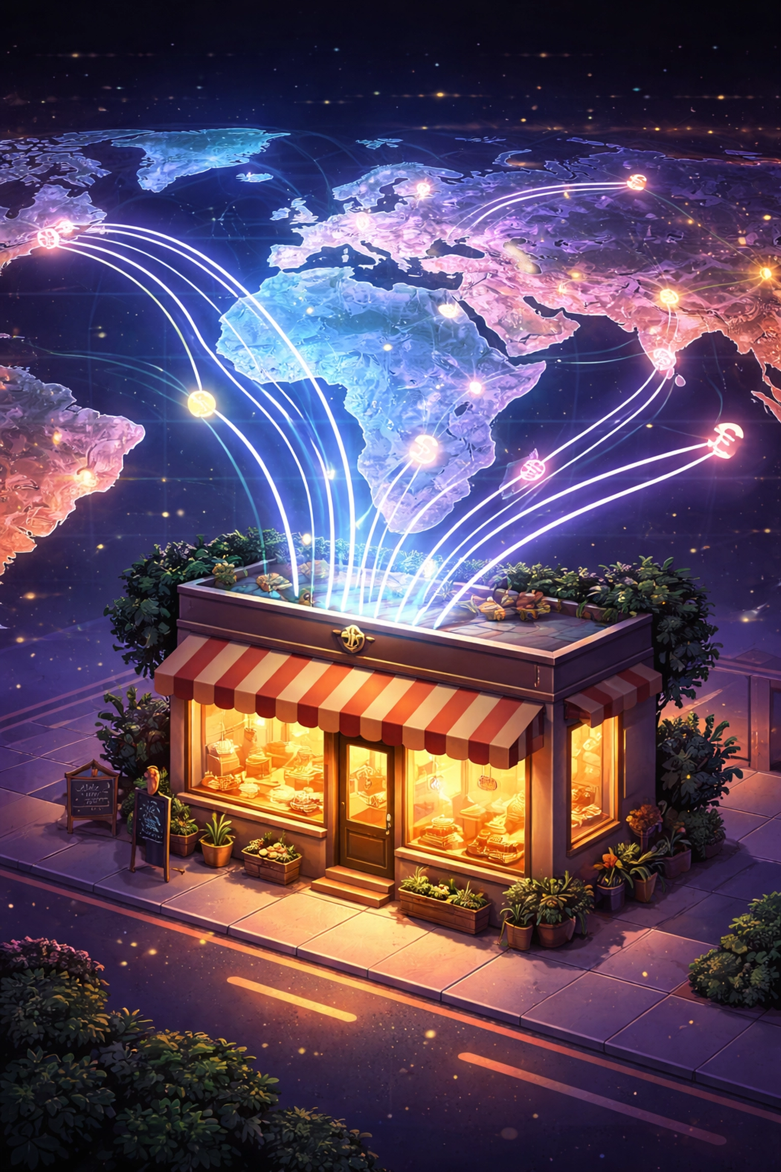 Small business storefront linked to a global crypto payments network demonstrating worldwide reach with Web3 POS solutions