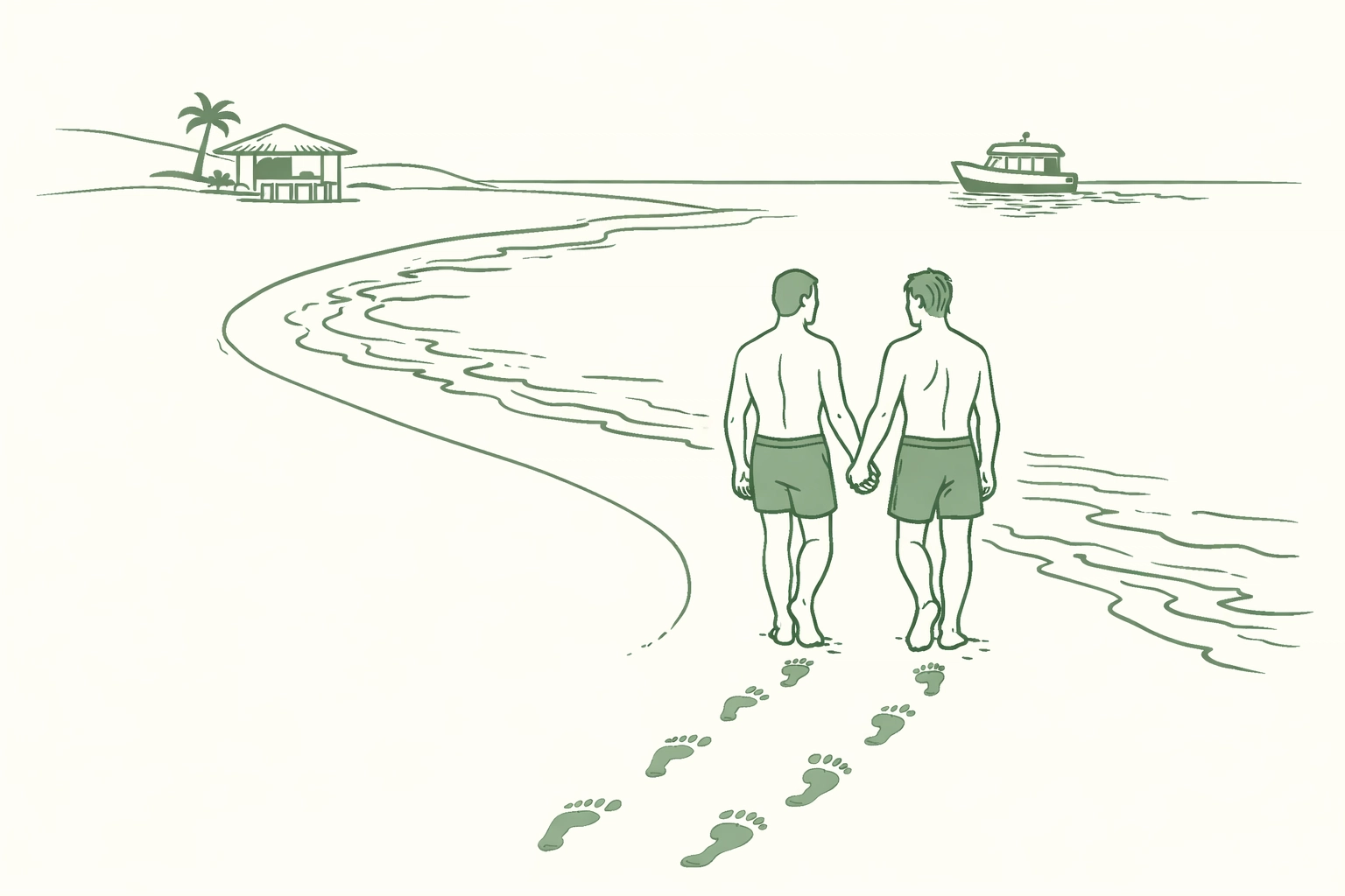 Two men walking hand-in-hand on Greek island beach representing freedom and authentic love