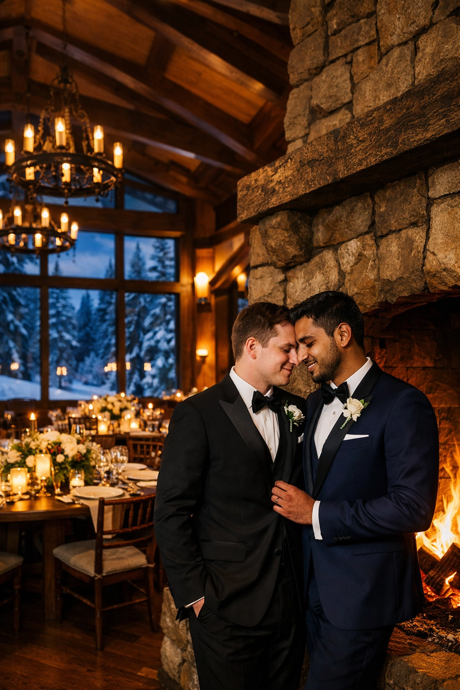Gay wedding reception at luxury Whistler lodge with fireplace and mountain forest views through windows
