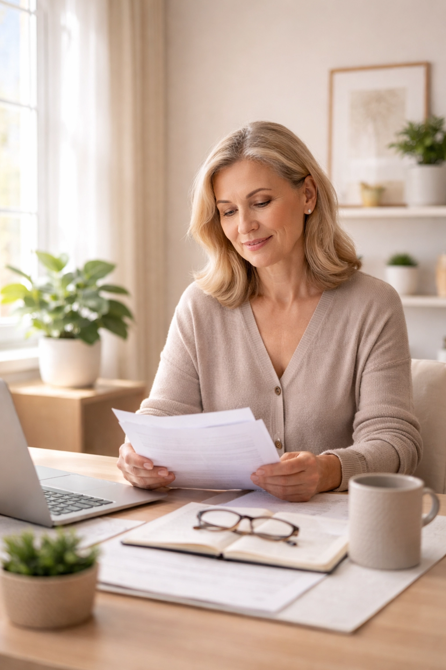 Confident woman in her 50s reviewing insurance documents at home, feeling relief from final expense planning.