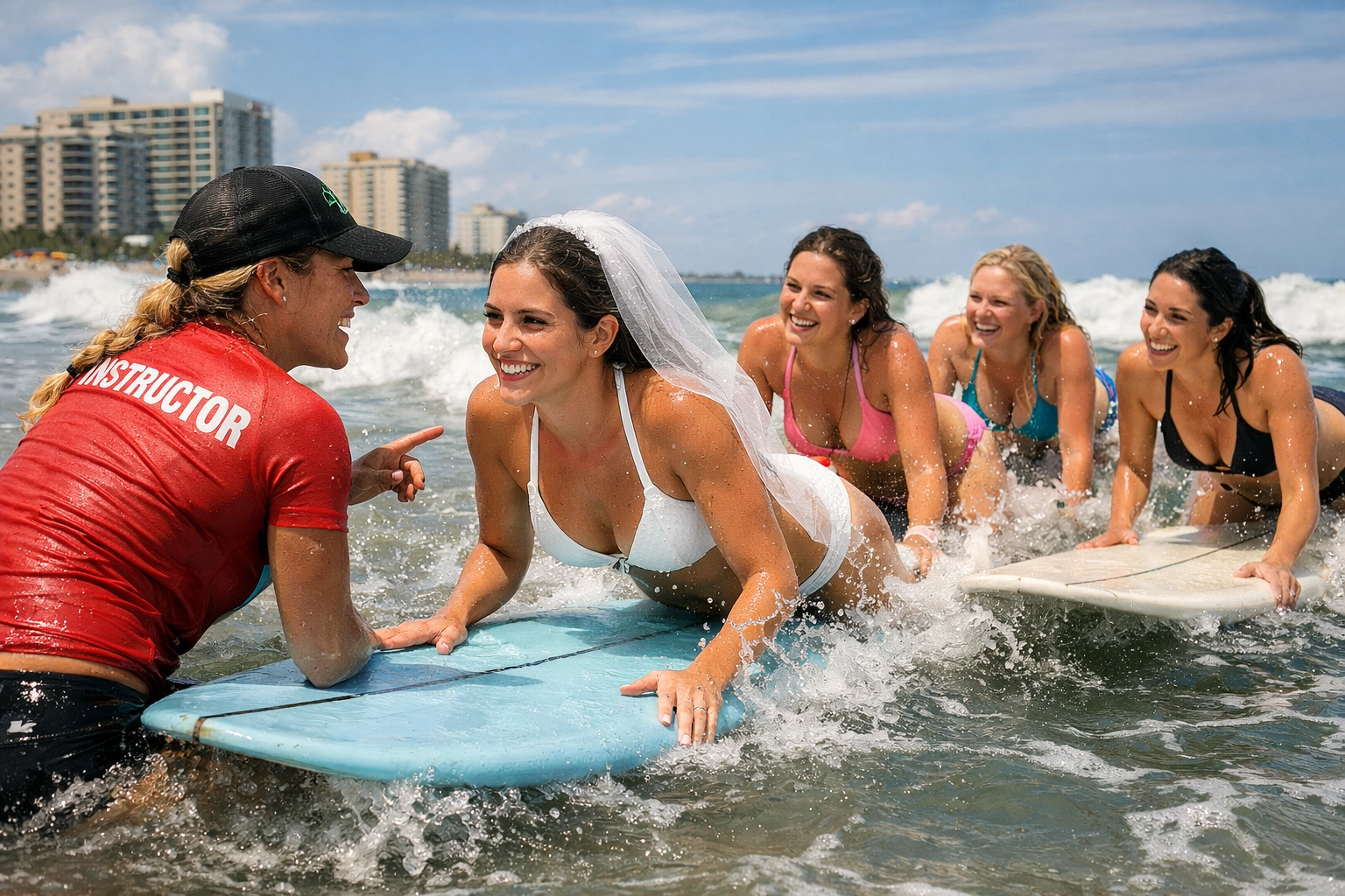 A professional instructor helping a student catch their first wave