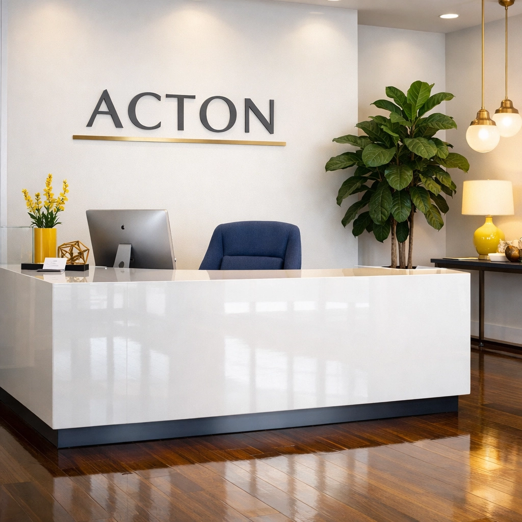 Professional office cleaning in Acton: a pristine reception desk and polished floors for small businesses.
