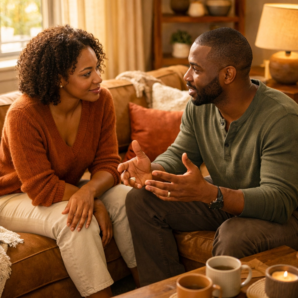 Black couple engaged in meaningful conversation on couch during relationship assessment discussion