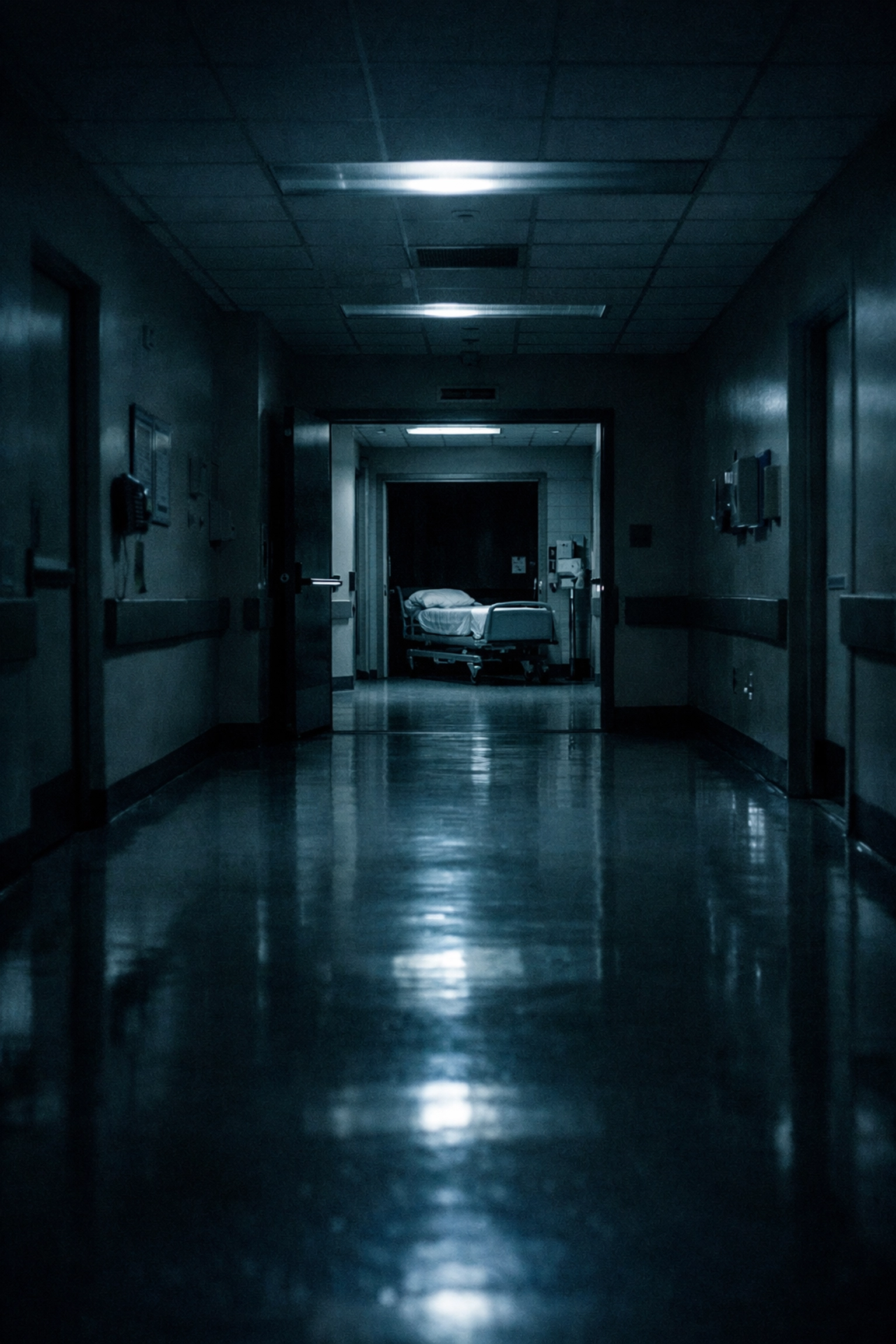 Empty hospital corridor representing the isolation of surviving a coma from prescription drugs