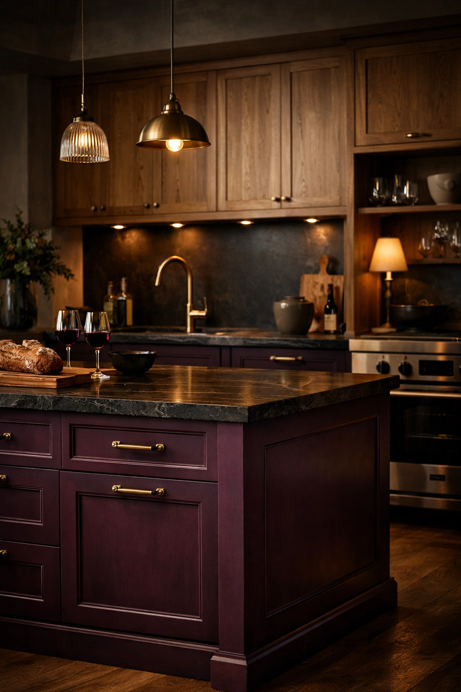 Deep burgundy kitchen cabinetry paired with natural oak accents and brass hardware