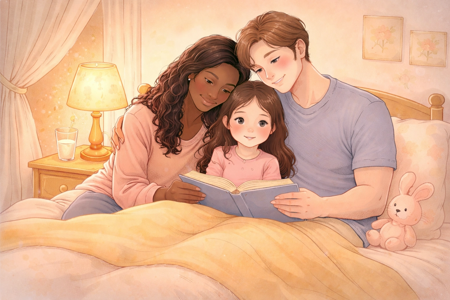 Parent and child sharing a comforting bedtime moment on a cozy bed, emphasizing emotional support for bedwetting in children.