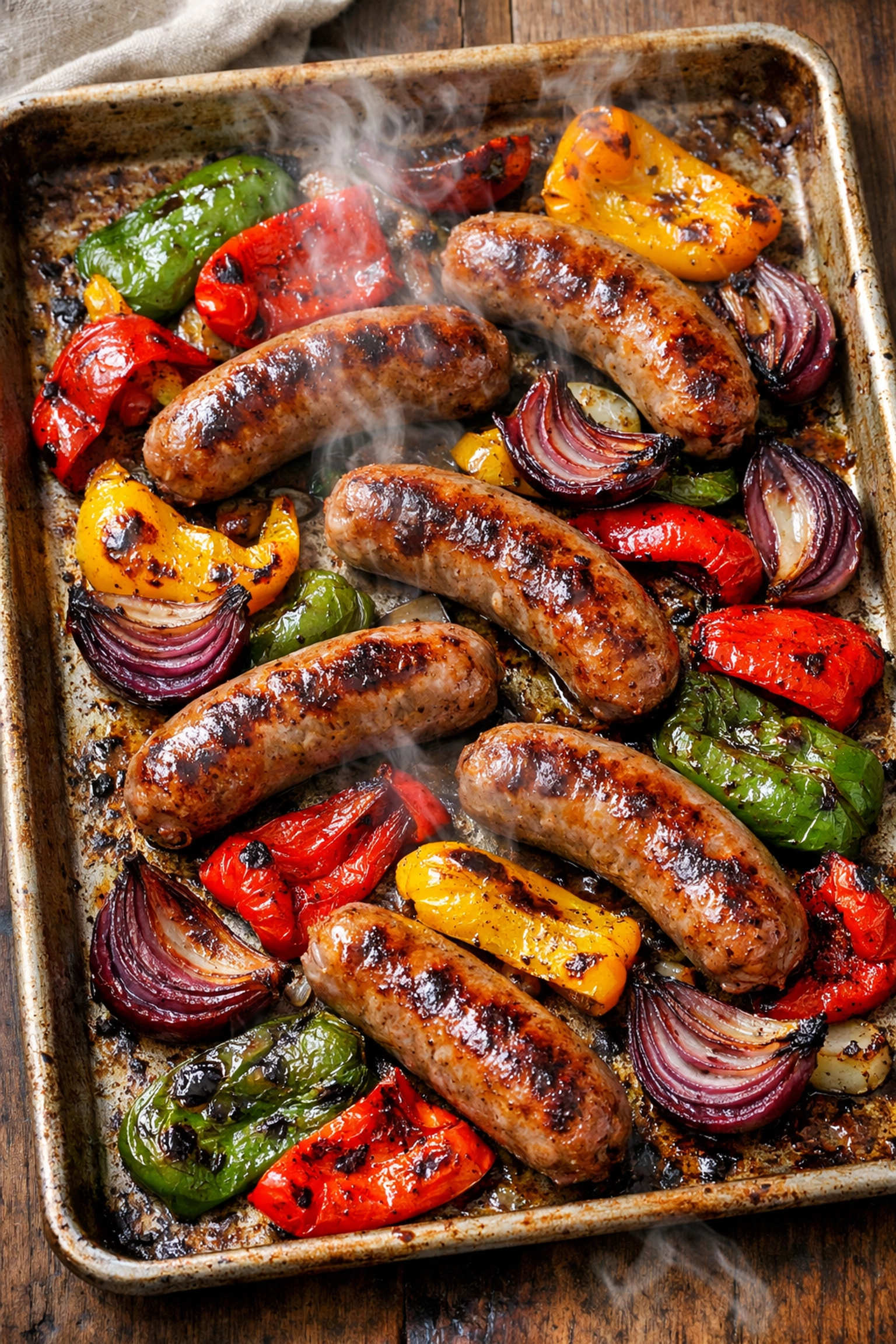Roasted sheet pan sausage and peppers, a colorful and easy weeknight dinner with only 5 ingredients.