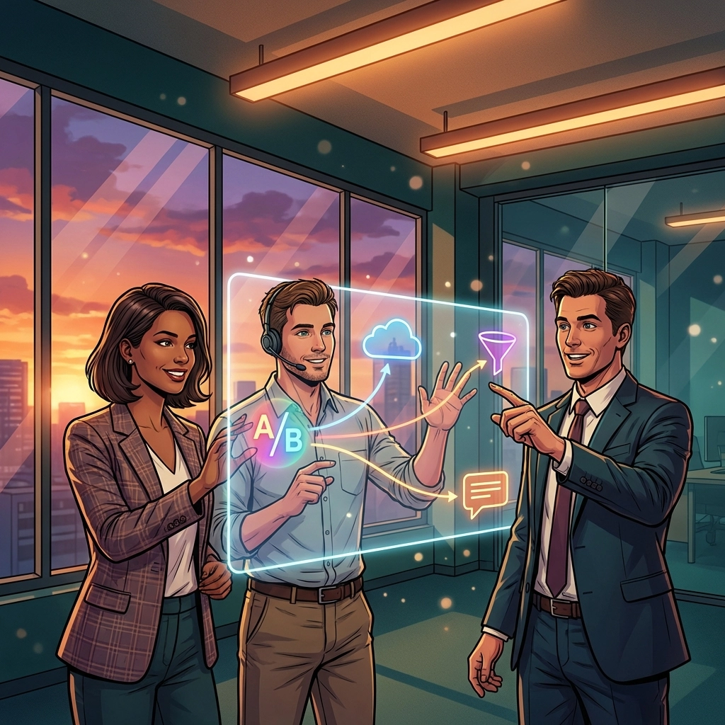 Diverse office team collaborates around a glowing digital interface, embracing no-code innovation for omnichannel messaging.