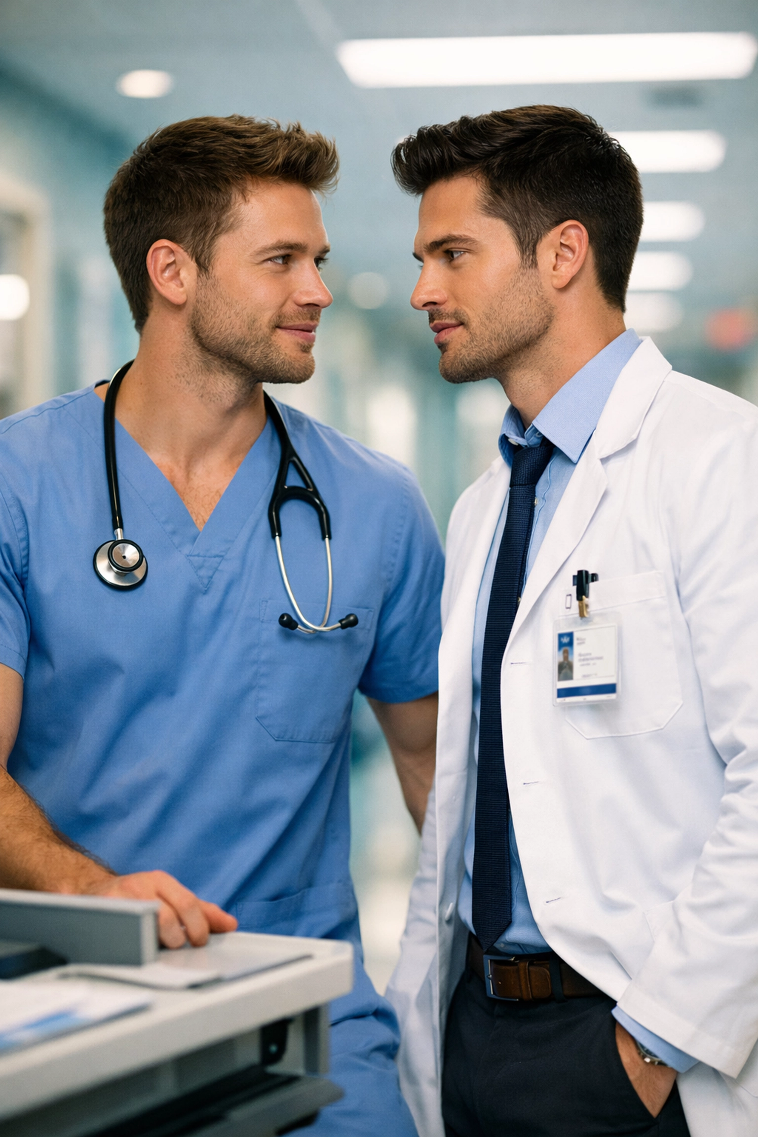 Handsome gay doctor and nurse sharing a romantic look in a modern hospital hallway.