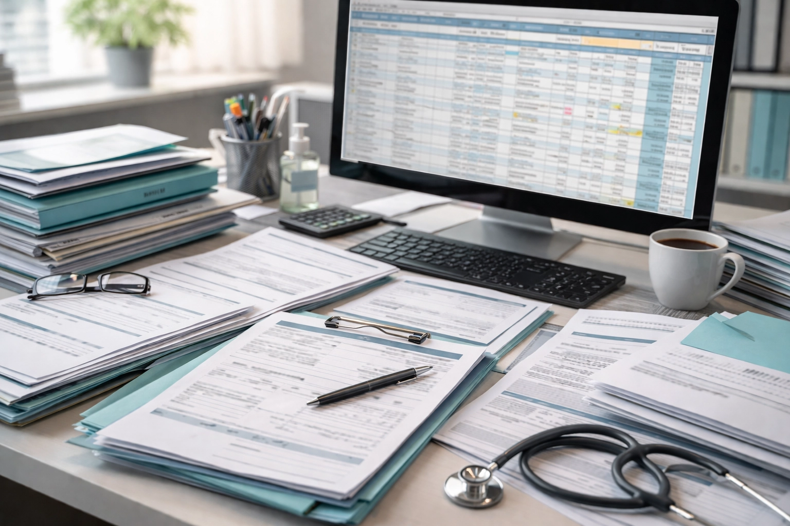 Medical office desk covered with insurance forms and billing paperwork showing administrative complexity