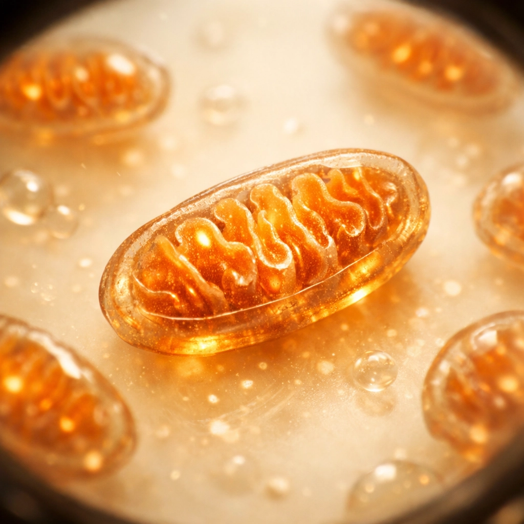 Microscopic view of mitochondria producing cellular energy with NAD+ coenzyme