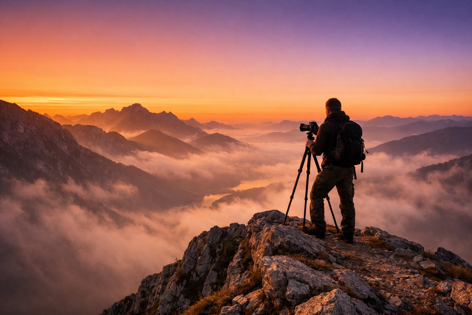 A landscape photographer capturing the golden hour at one of the best photography locations on a misty ridge.